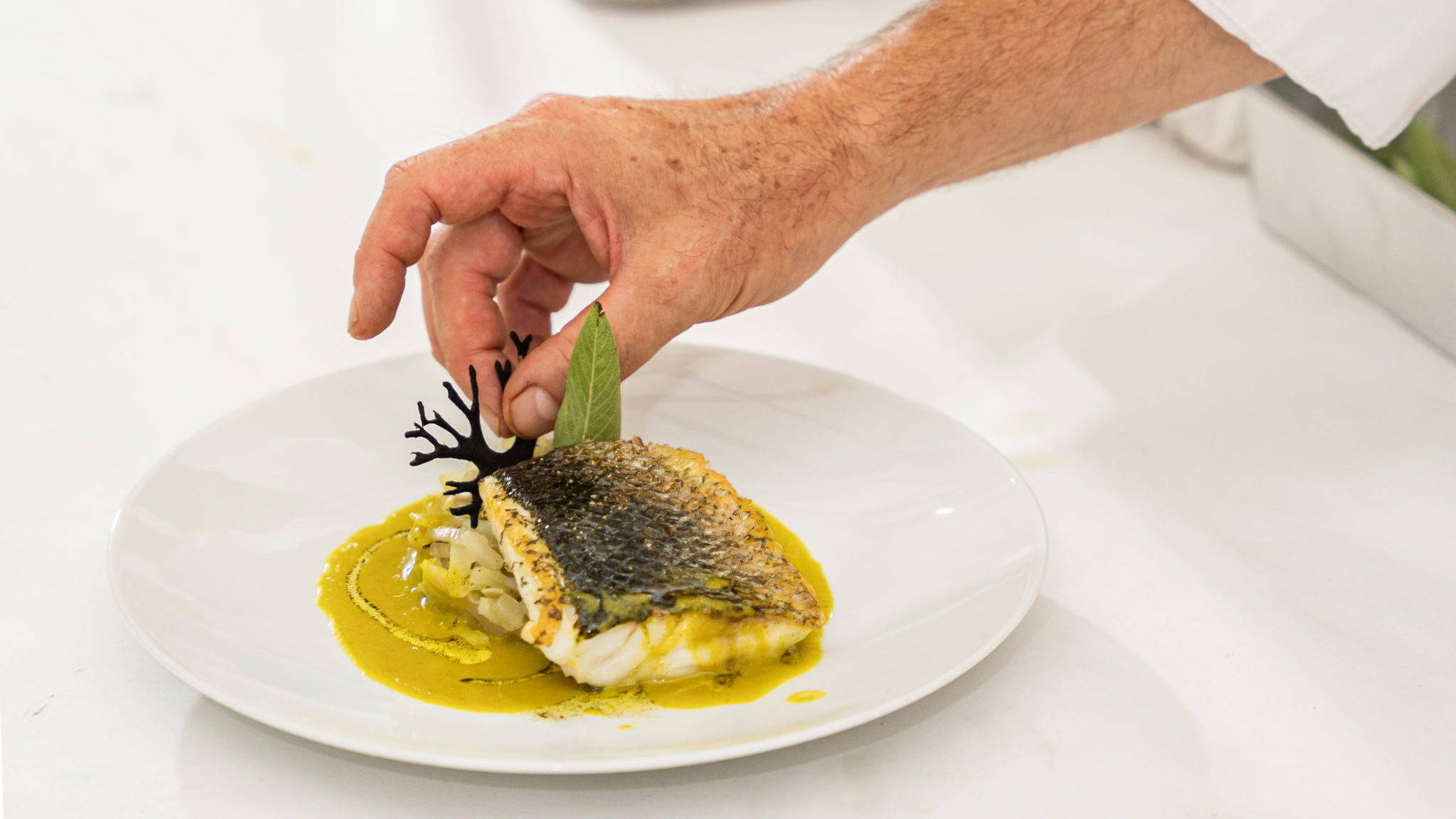 Dressage d'un plat gastronomique du chef Nicolas Sale, poisson en sauce